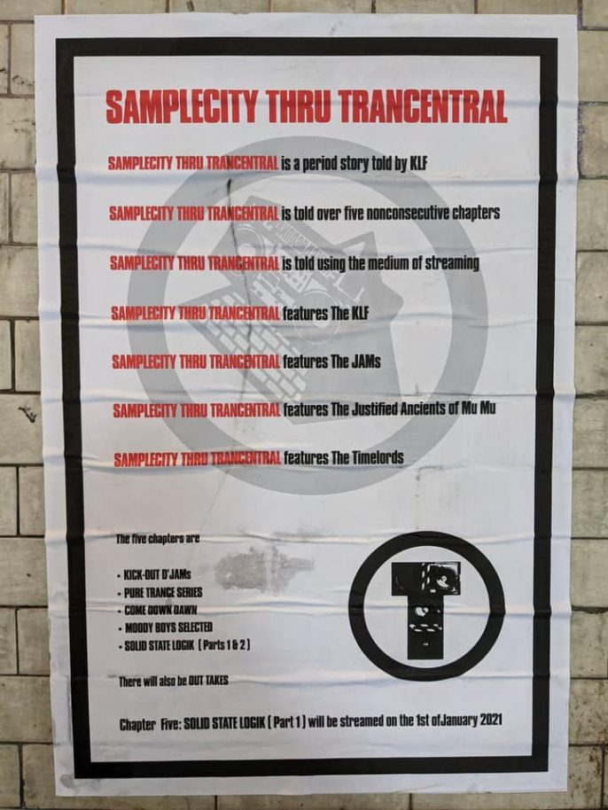 Black/red on white poster detailing the release and planned chapters of The KLF's "Samplecity Thru Trancentral" series