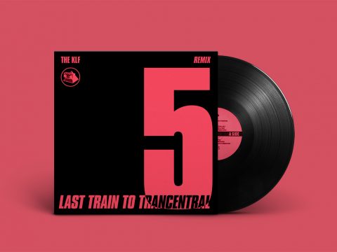 Mockup of "Last Train To Trancentral (Pure Trance Remixes)" by The KLF; black sleeve with large pink "5" on the right, release title on the bottom, partly intersecting with the number above