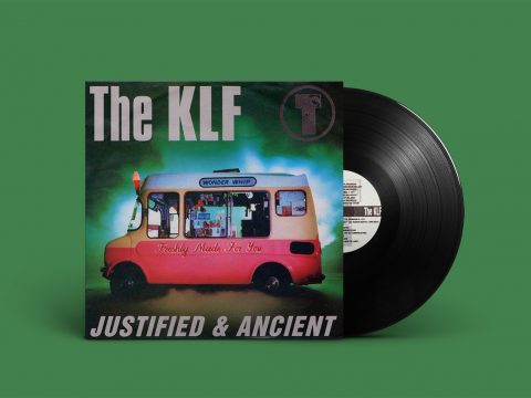 Green/brown sleeve with "The KLF" in the upper left, T-speaker logo in the upper right and the single's title "Justified And Ancient" at the bottom, all arranged around a pink/white ice cream with "Freshly Made For You" written on its side.