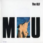 Black on white CD front cover of "MU" by The KLF, featuring image of Bill and Jimmy wearing white robes and horns